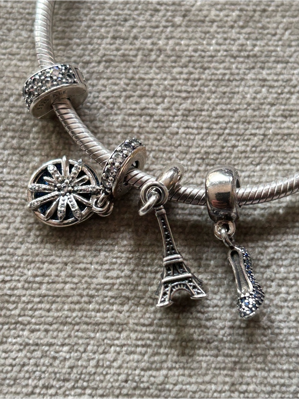 Pandora Sterling Silver Charm Bracelet w/ Eiffel Tower, Shoe & Pavé Charms - Picture 3 of 7